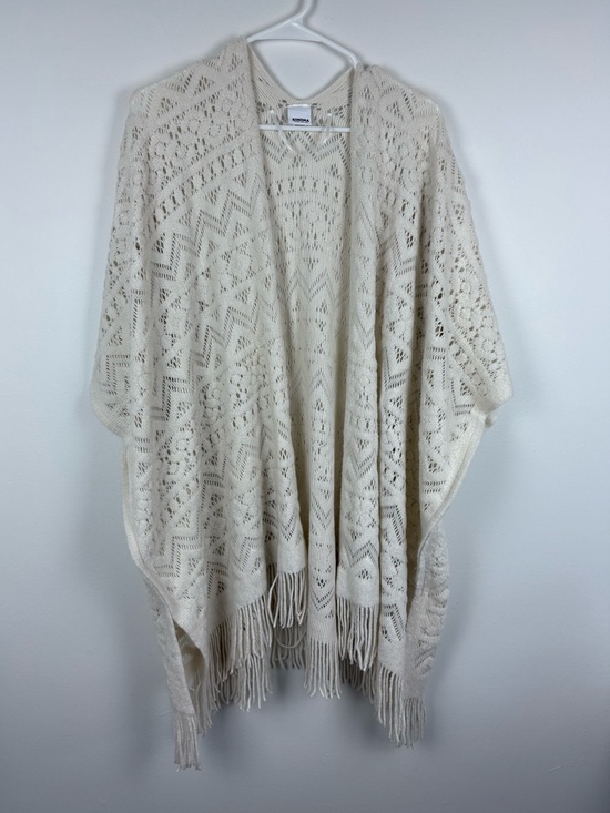 Sonoma Sweaters - Boho Open Front Fringe Cream Ivory Blanket Poncho One Size Roomy Soft Cozy Warm